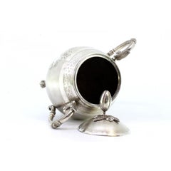 Guilloché silver sugar bowl w/ bulb-shaped knob, dragon handles & 4 claw feet