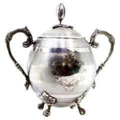 Guilloché silver sugar bowl w/ bulb-shaped knob, dragon handles & 4 claw feet