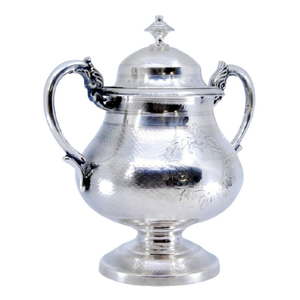 Guilloche silver sugar bowl with monogram, knob 
mythological handles For Sale