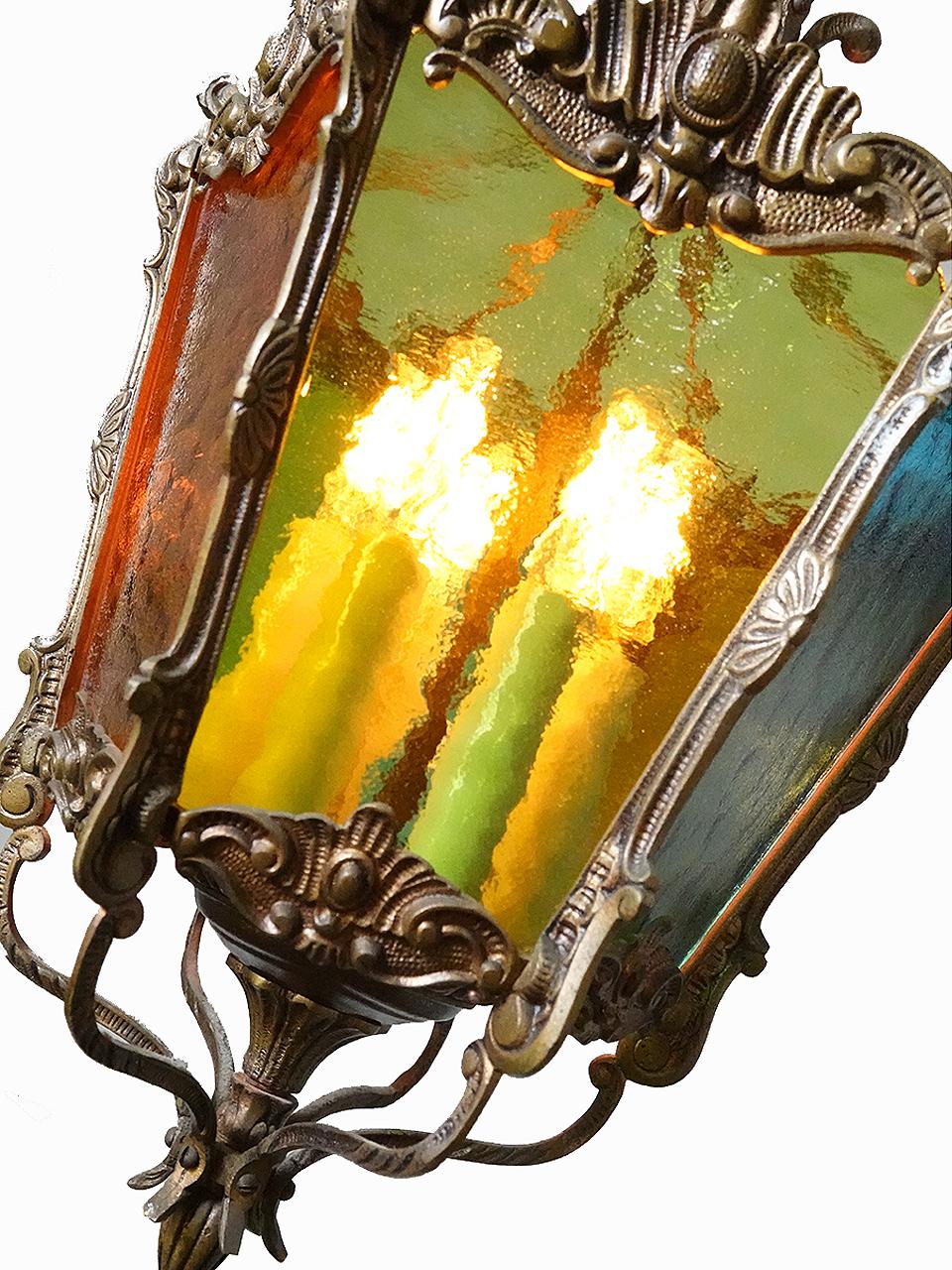 Baroque Guilt Bronze and Stained Glass 6 Candle Hall Light