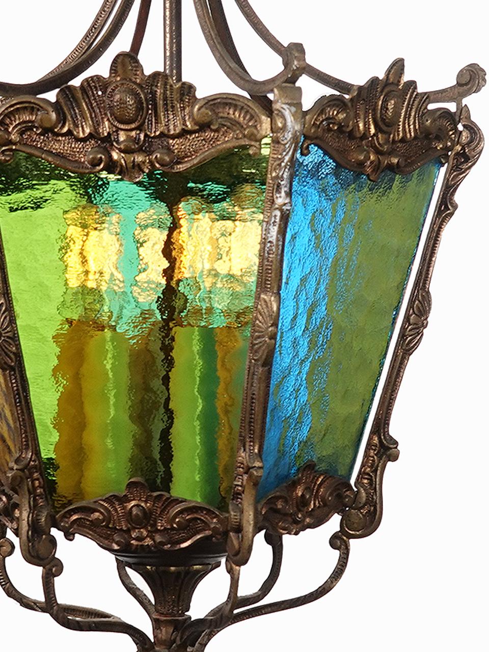 French Guilt Bronze and Stained Glass 6 Candle Hall Light