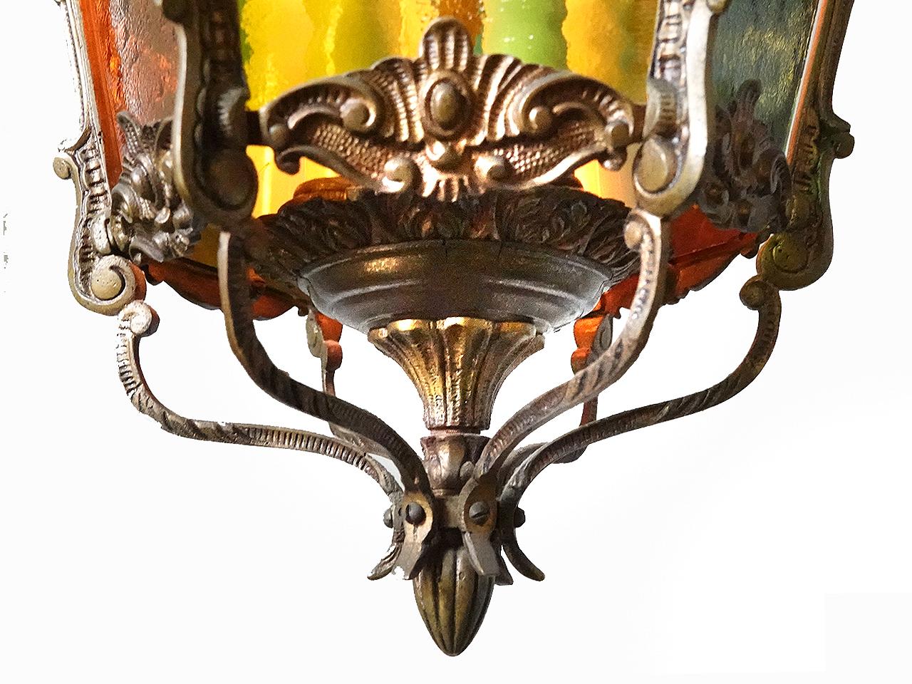 Guilt Bronze and Stained Glass 6 Candle Hall Light In Good Condition In Peekskill, NY