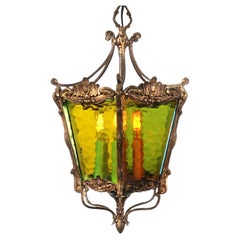 Antique Guilt Bronze and Stained Glass 6 Candle Hall Light