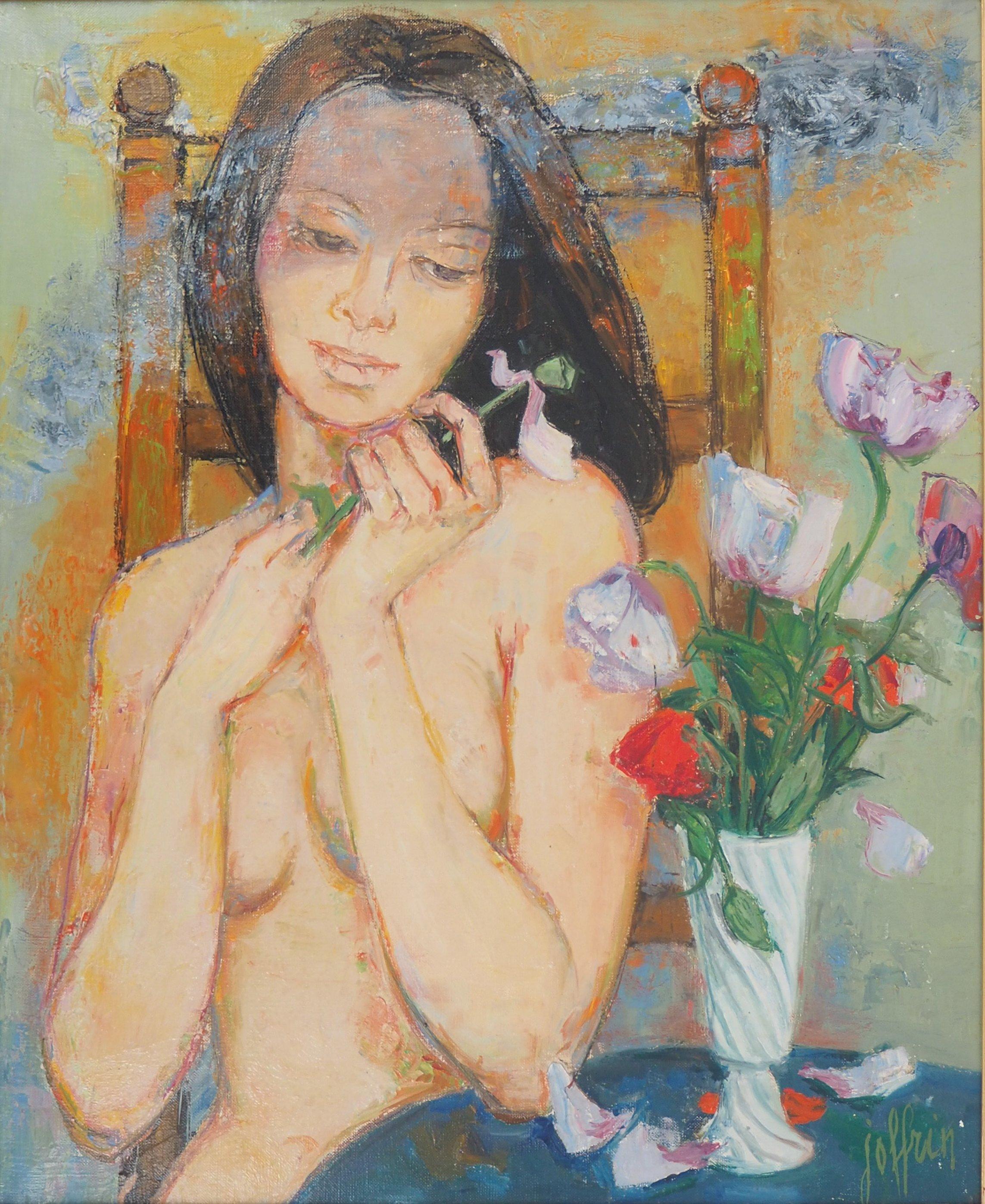 Nudo con papaveri - Olio originale su tela, firmato a mano - Painting di Guily Joffrin