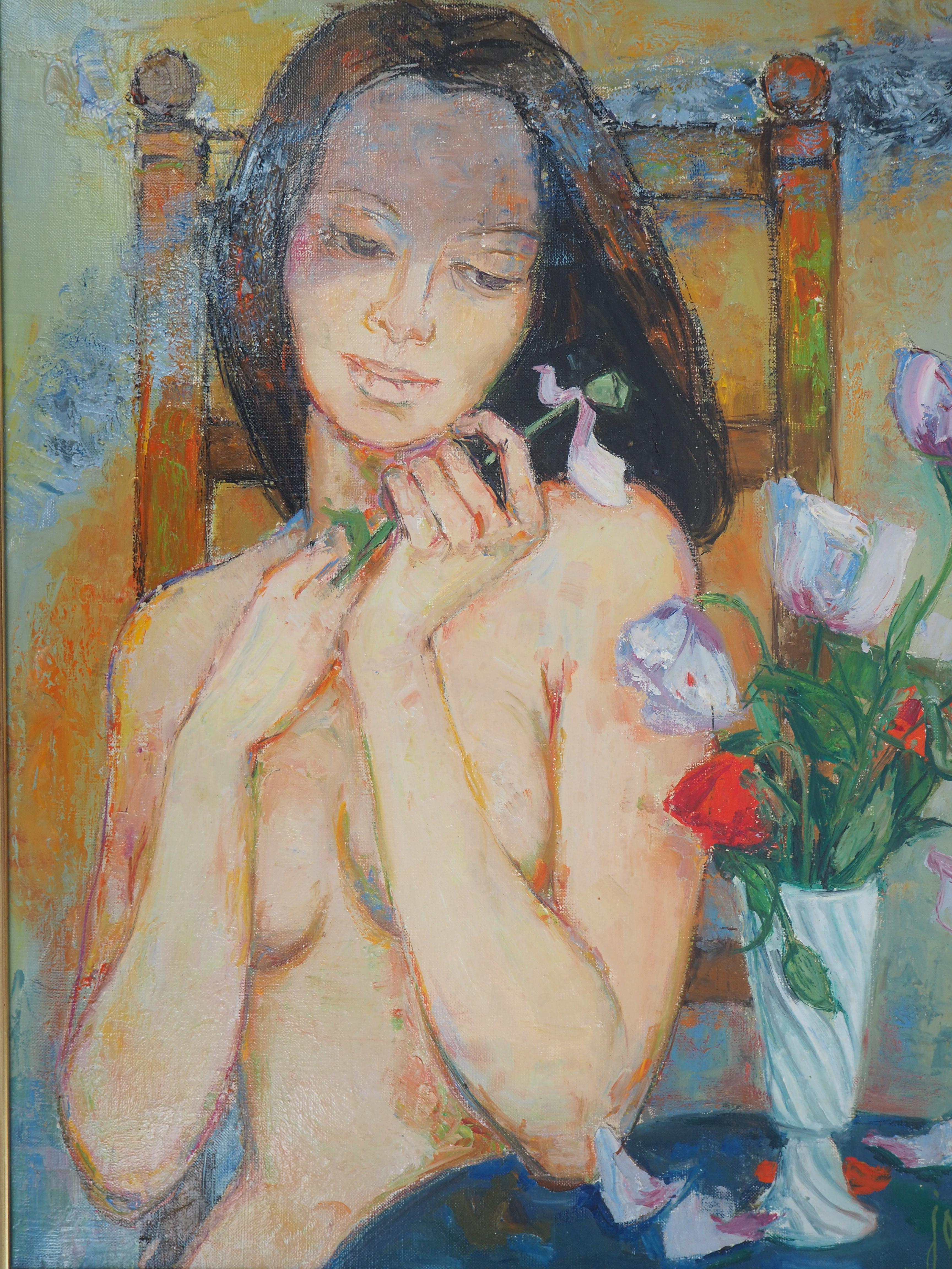 Nudo con papaveri - Olio originale su tela, firmato a mano - Painting Moderno di Guily Joffrin