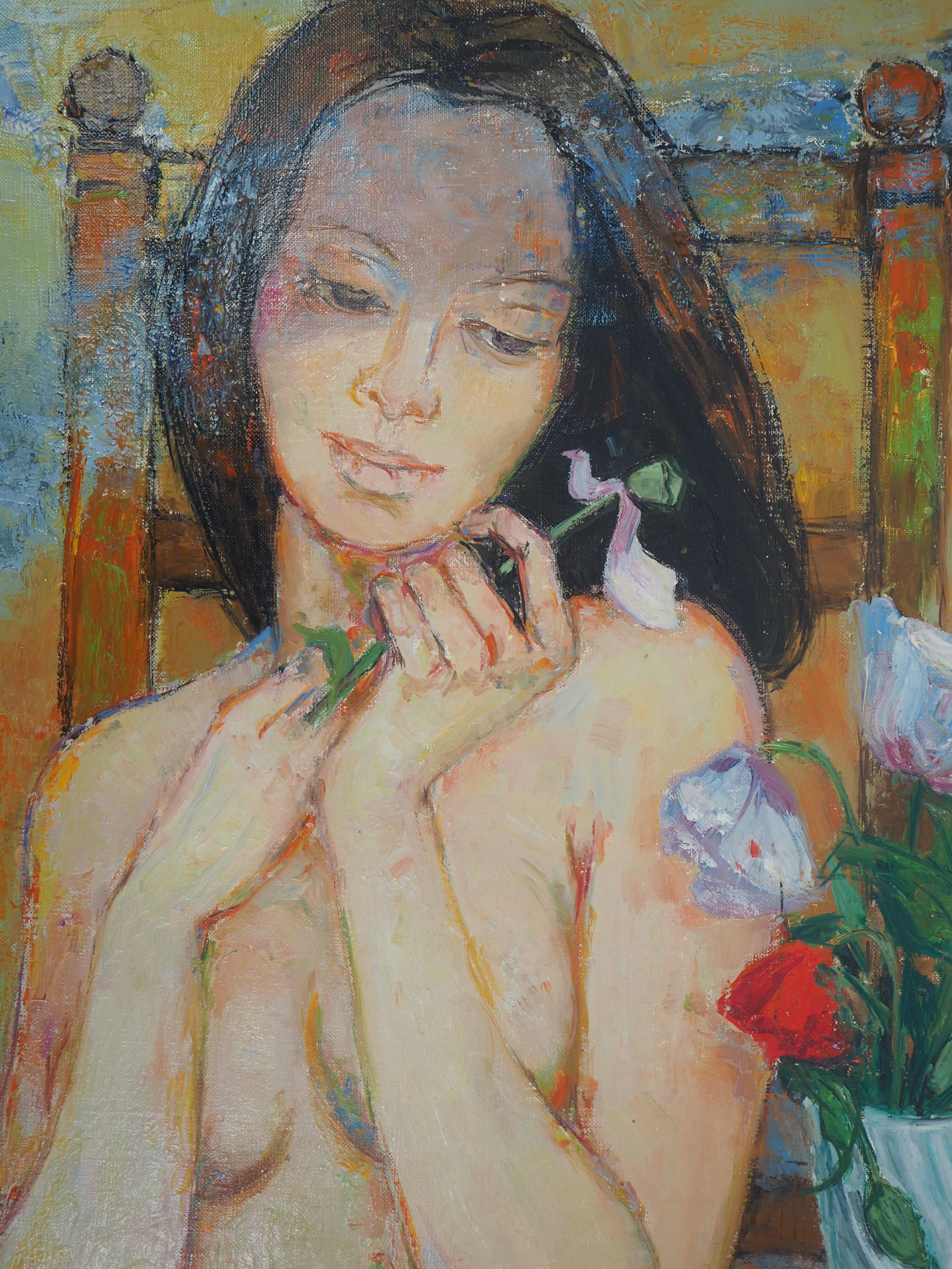Nudo con papaveri - Olio originale su tela, firmato a mano - Nude Painting Marrone di Guily Joffrin