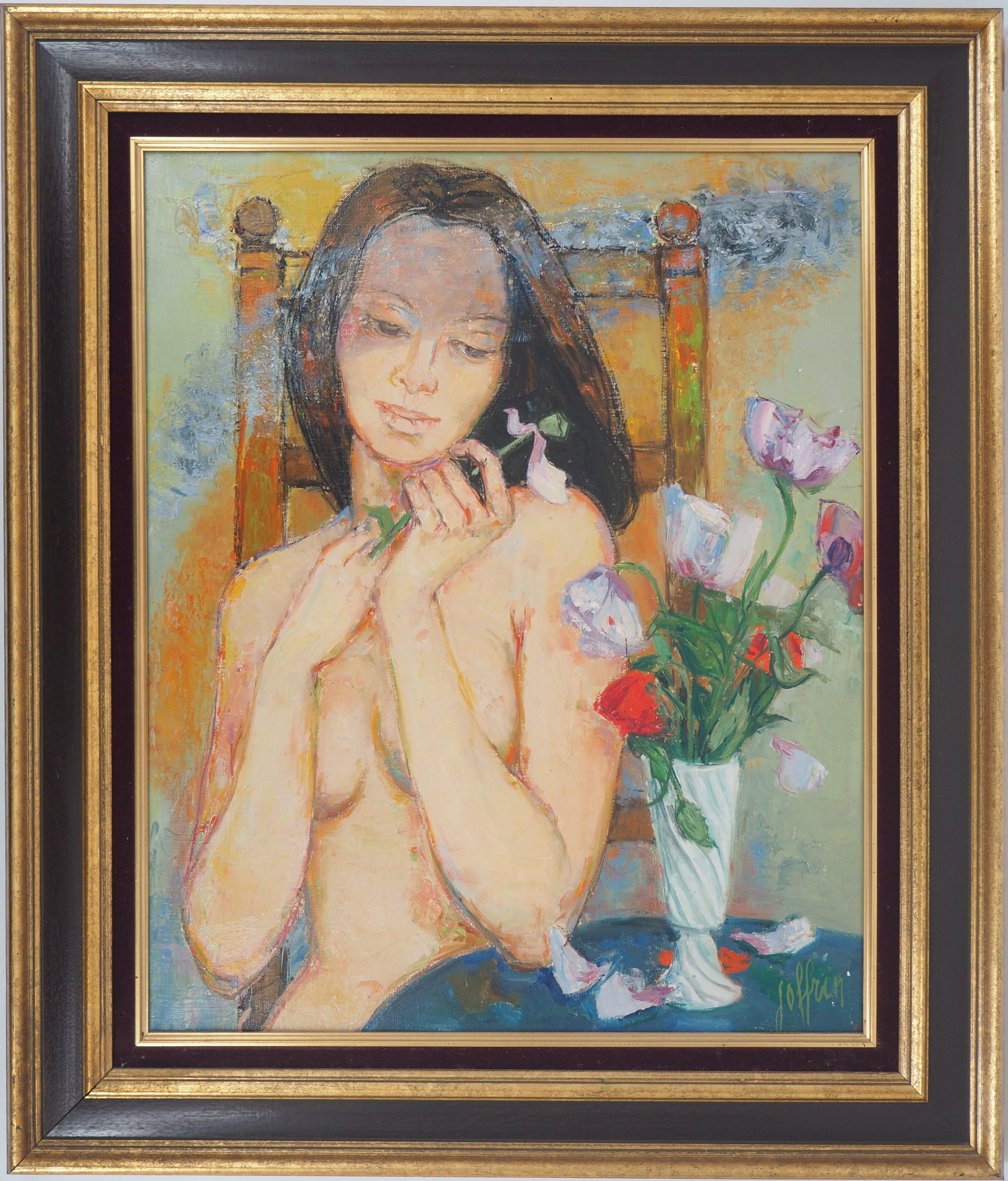 Nude Painting di Guily Joffrin - Nudo con papaveri - Olio originale su tela, firmato a mano