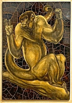 "Guinea Baboon", Masterpiece of Art Deco Painting in Lacquer by Margat, 1938