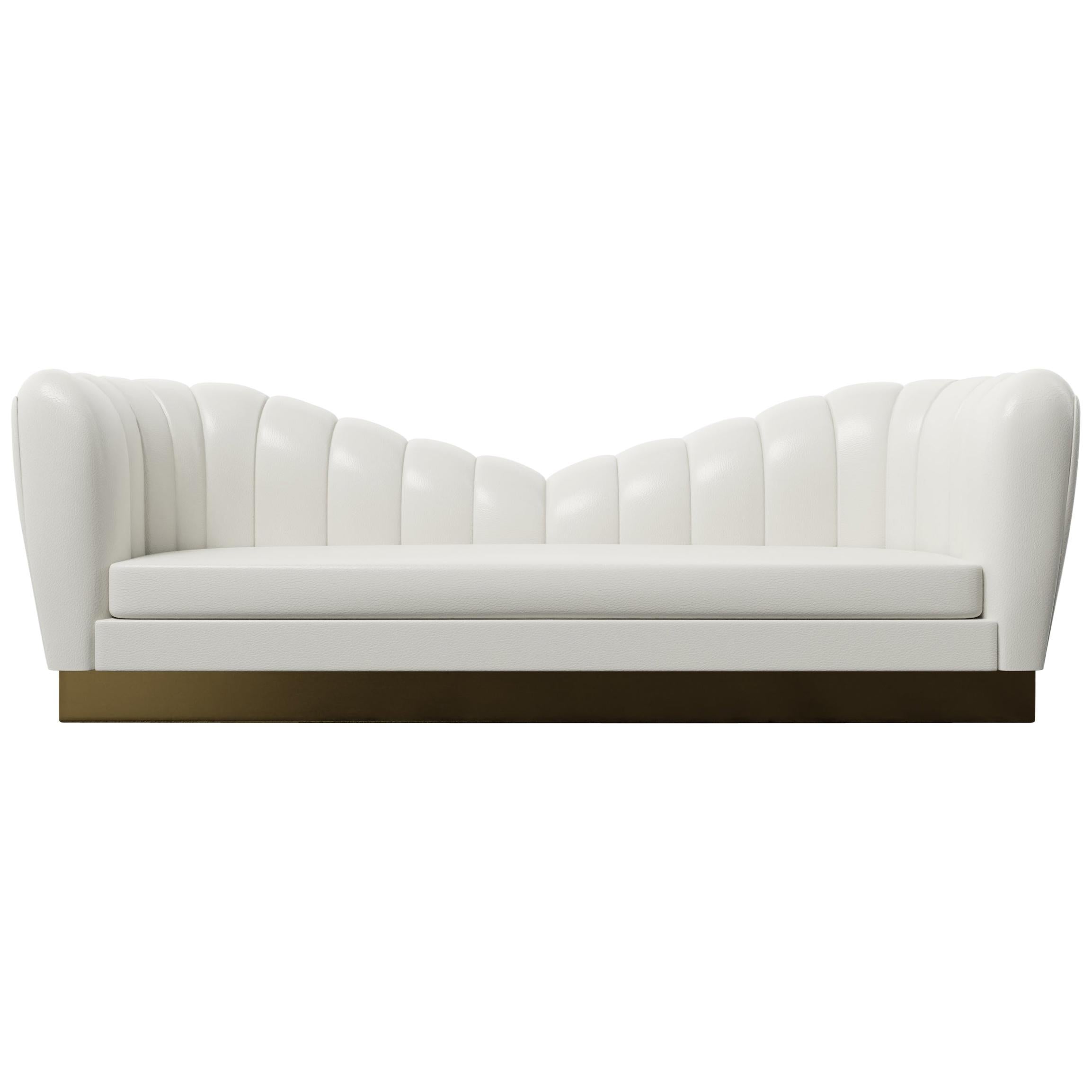GUINEVERE SOFA - Modern Symmetrical Sofa in Faux White Leather with Metal Plinth
