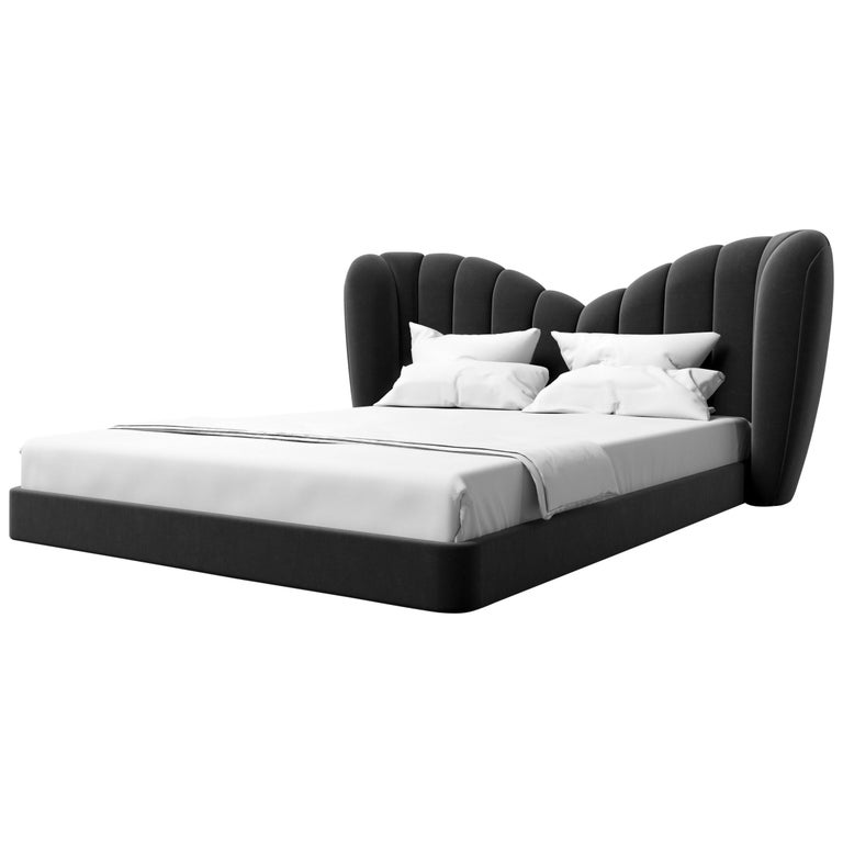 GUINIVERE BED Modern Curved Bed in a Luxury Charcoal Velvet For Sale