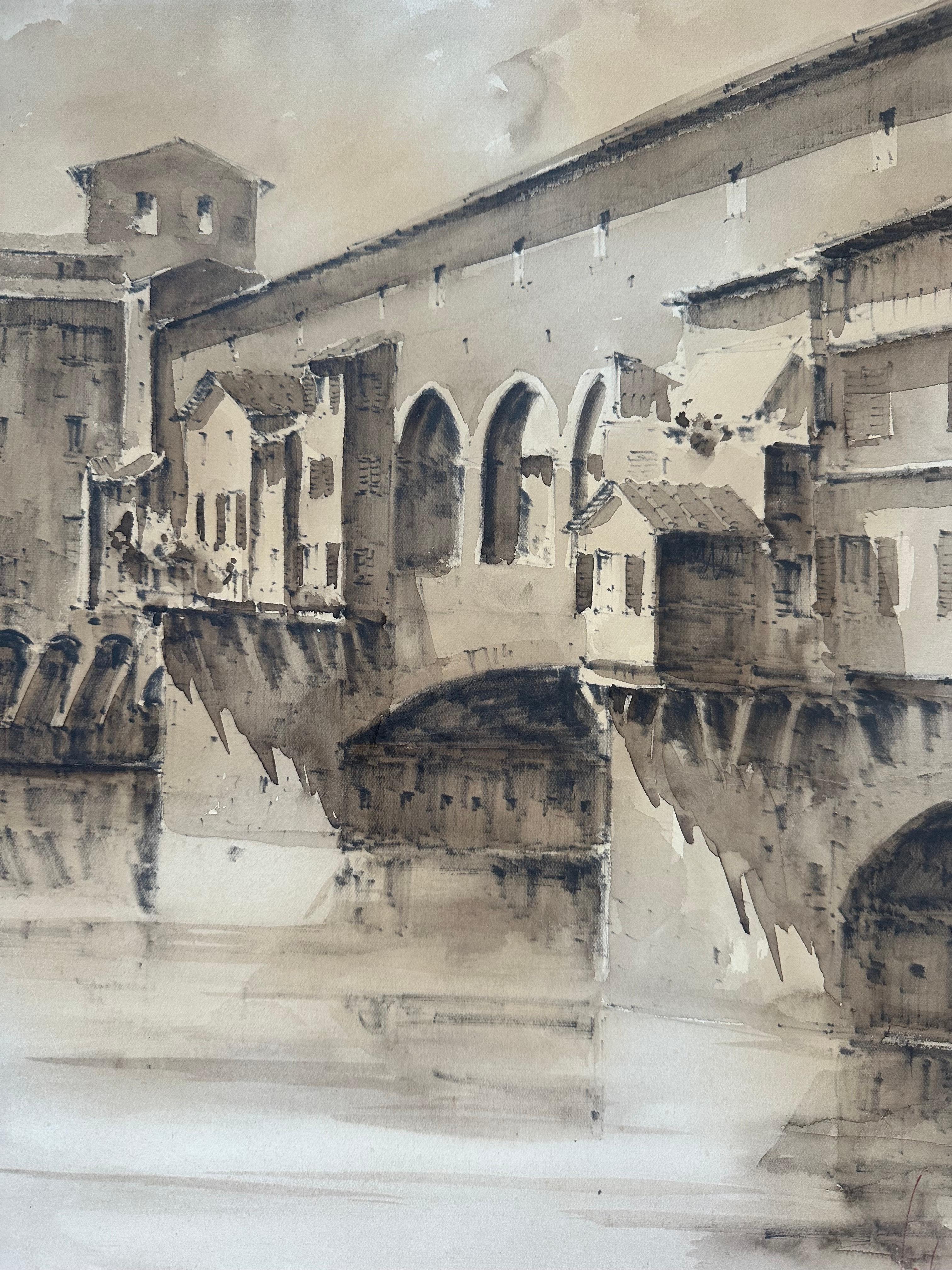 Ponte Vecchio Firenze Florence Italie Peinture paysage urbain - Painting de Guiseppe Capineri