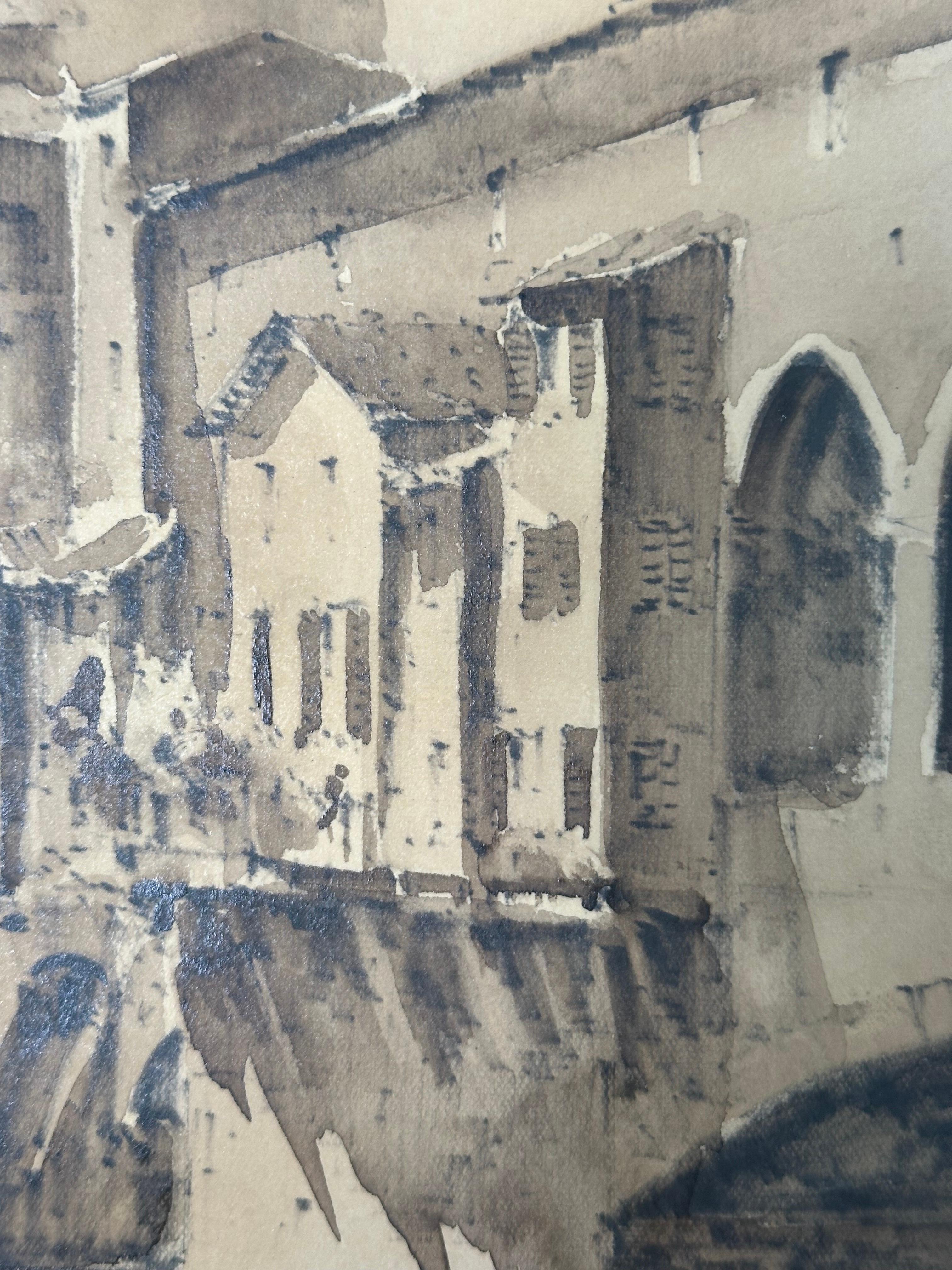 Ponte Vecchio Firenze Florence Italie Peinture paysage urbain - Gris Landscape Painting par Guiseppe Capineri