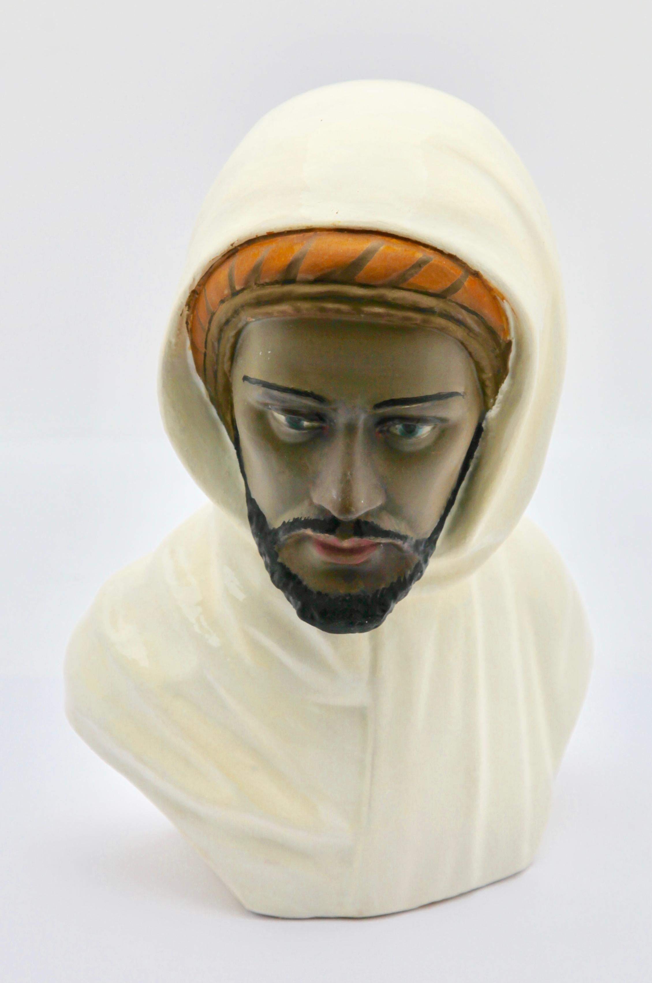 Belgian Guiseppe Carli Signed, Polychrome Ceramic Bust of an Arab Head For Sale