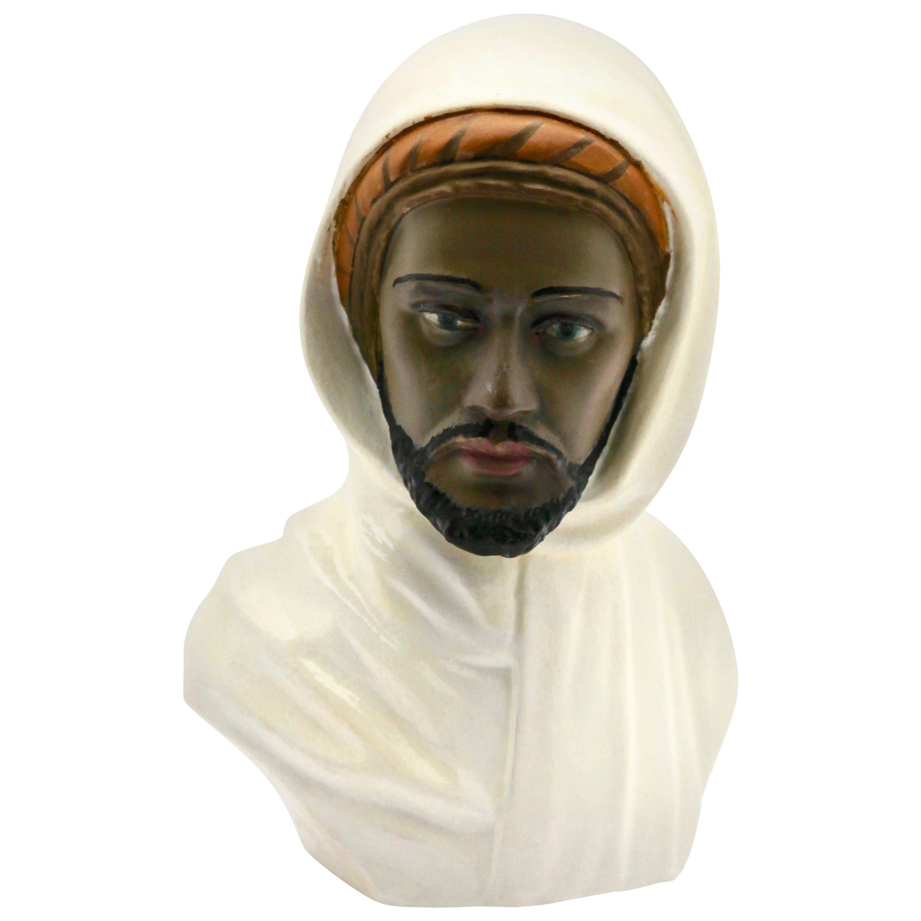 Guiseppe Carli Signed, Polychrome Ceramic Bust of an Arab Head For Sale