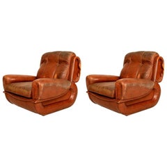 Guiseppe Munari for Poltrona Italian Lounge Chairs Tobacco Leather, Italy 1960s