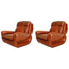 Guiseppe Munari for Poltrona Italian Lounge Chairs Tobacco Leather, Italy 1960s
