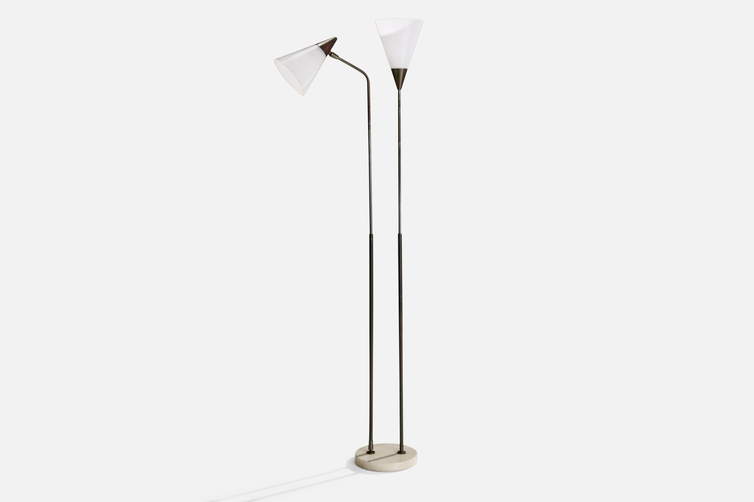 An adjustable brass, marble and acrylic floor lamp designed by Guiseppe Ostuni and produced by O-Luce, Italy, 1950s.

Overall Dimensions (inches): 76” H x 31” W x 11.5” D
Stated dimensions include shade.
Bulb Specifications: E-26 Bulb
Number of