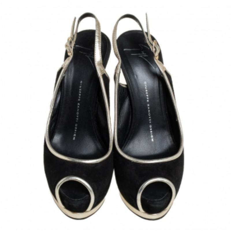 Guiseppe Zannotti Suede And Trim Peep Toe Slingback Platform Sandals Size 37.5 In Good Condition For Sale In Dubai, Al Qouz 2