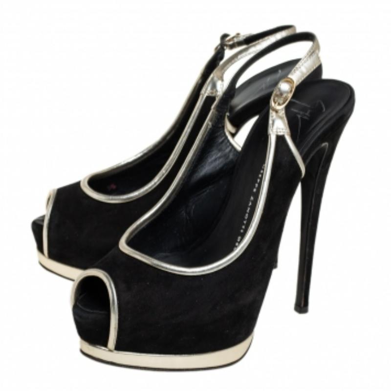Guiseppe Zannotti Suede And Trim Peep Toe Slingback Platform Sandals Size 37.5 For Sale 2
