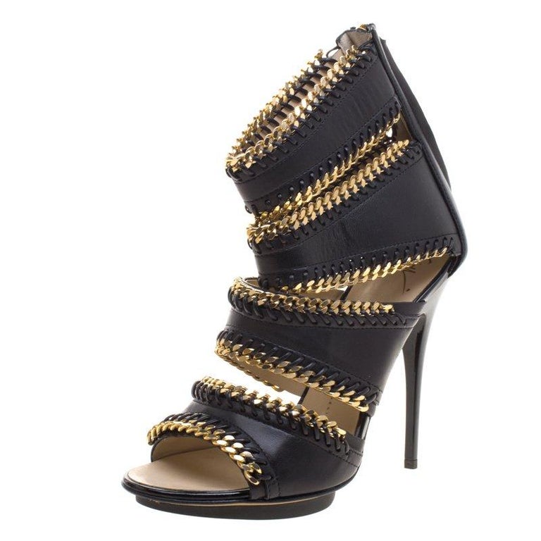 Guiseppe Zanotti Black Leather Chain Embellished Trim Cut Out Sandals ...