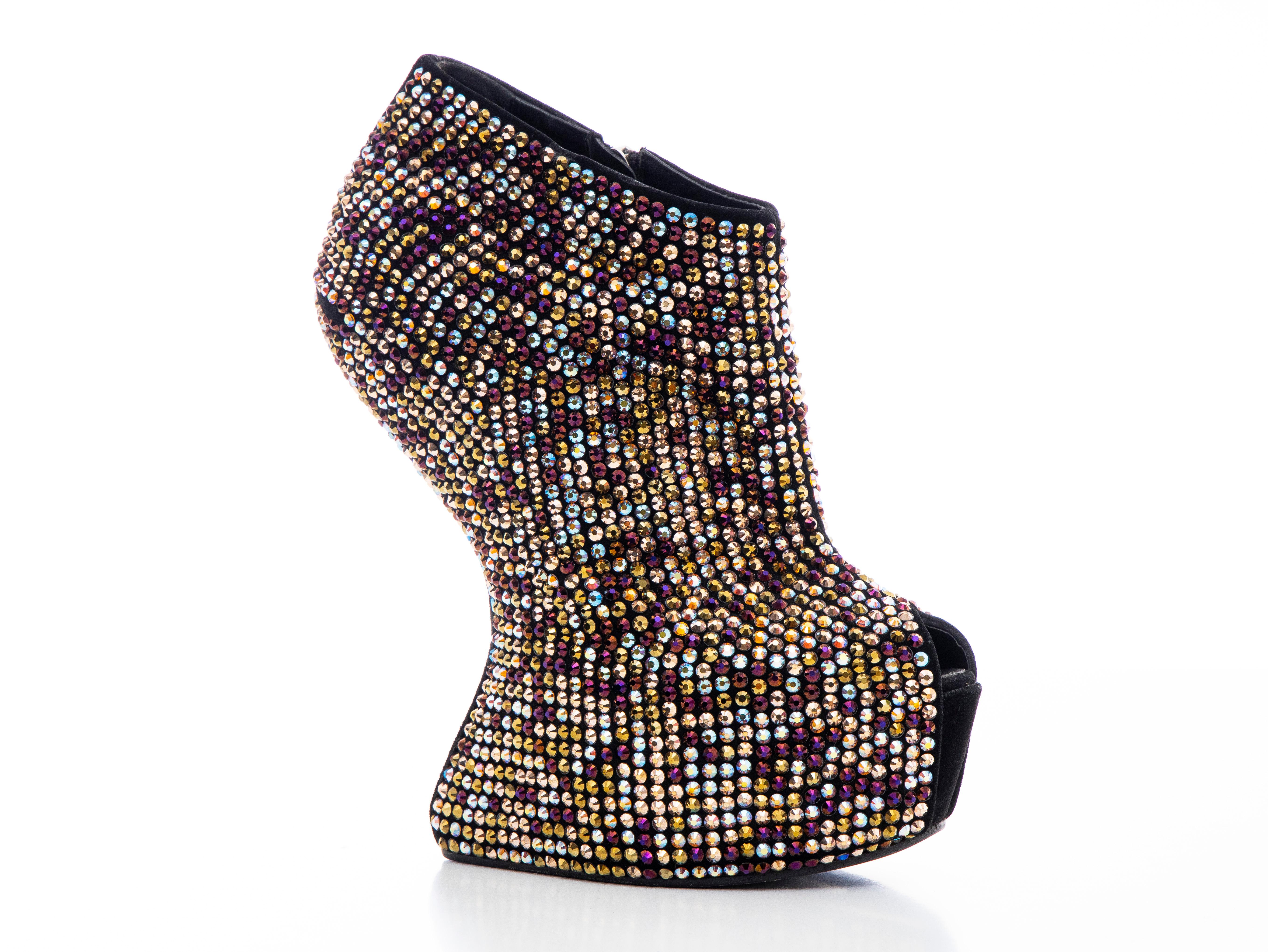 Guiseppe Zanotti, Fall 2012 crystal peep-toe platform wedges with covered heels and zip closure at insteps. 

IT: 37, US: 7

Heels: 6.25