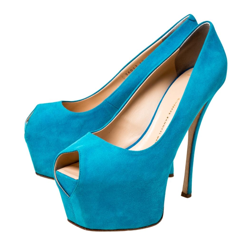 Women's Guisuppe Zanotti Blue Suede Liza Peep Toe Platform Pumps Size 40