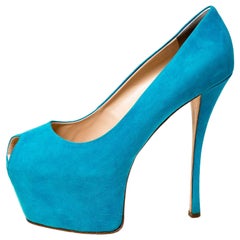 Guisuppe Zanotti Blue Suede Liza Peep Toe Platform Pumps Size 40