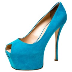 Guisuppe Zanotti Blue Suede Liza Peep Toe Platform Pumps Size 40