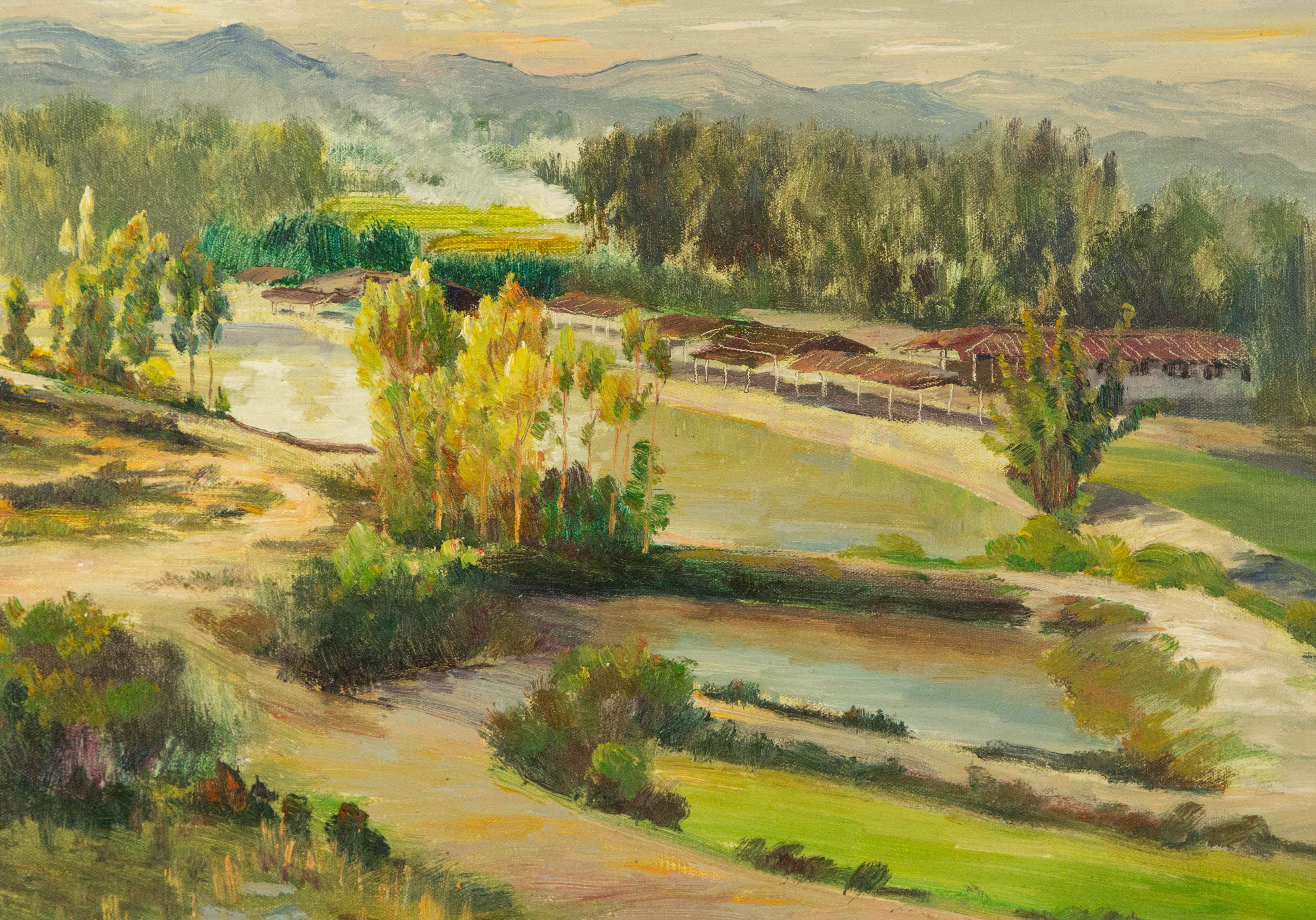 Huile sur toile originale du paysage de Guiwen Liang « Village de printemps I » en vente 1