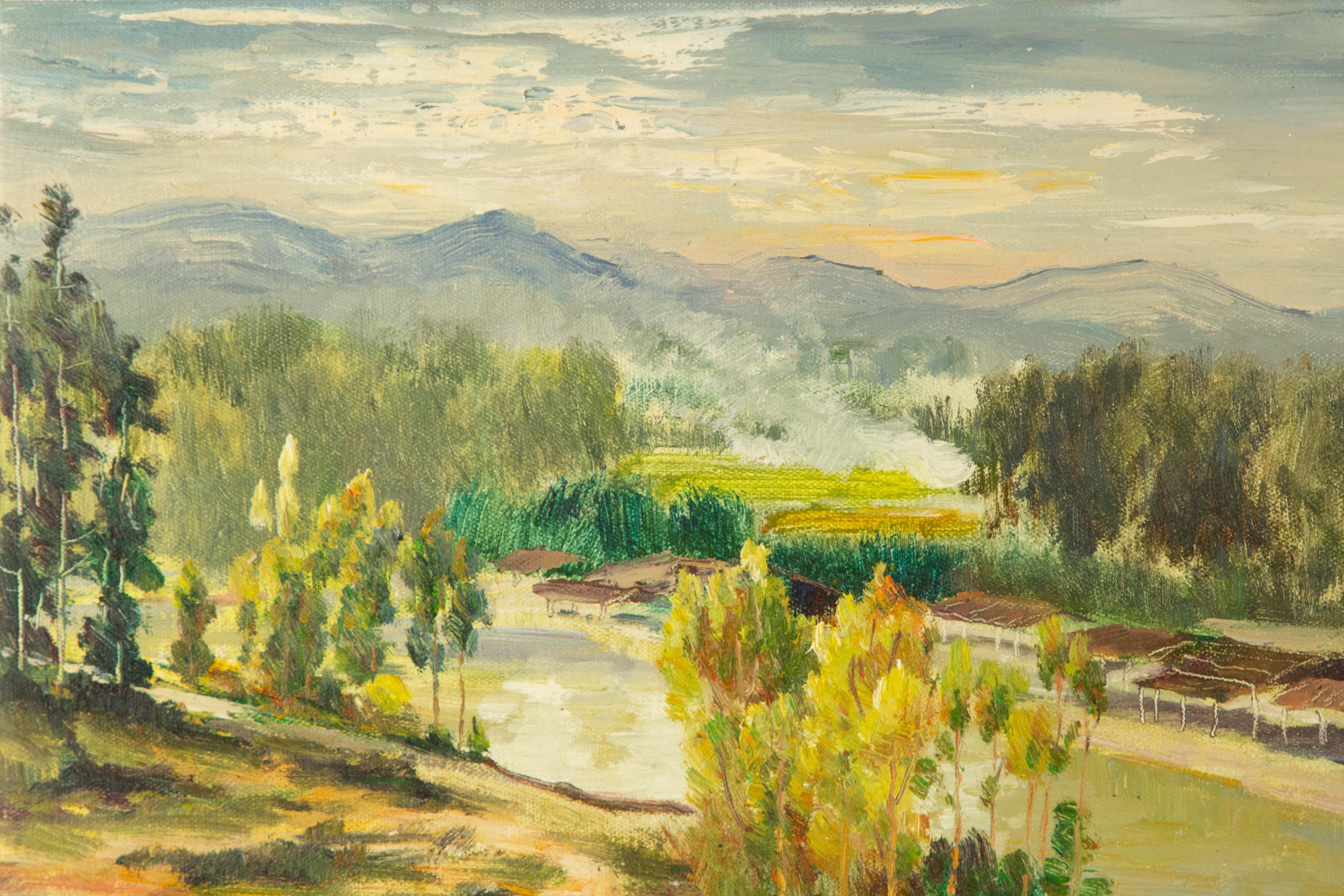 Huile sur toile originale du paysage de Guiwen Liang « Village de printemps I » en vente 2