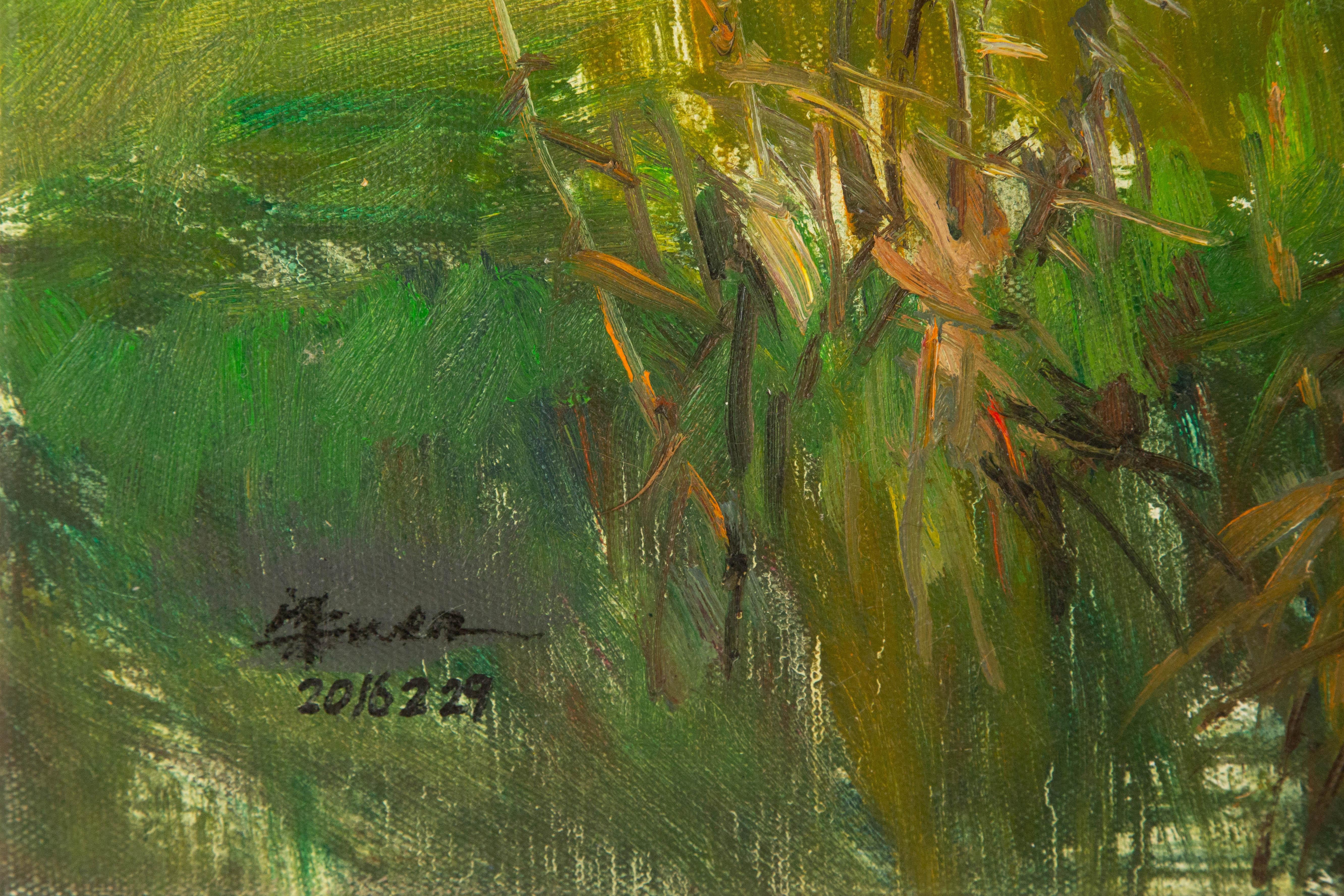 Guiwen Liang Landschaft, Original, Ölgemälde auf Leinwand, „Frühlingdorf II“, Guiwen Liang im Angebot 13