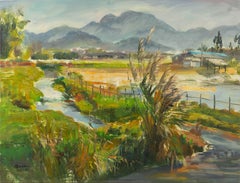 Huile sur toile originale du paysage de Guiwen Liang « Village de printemps II »
