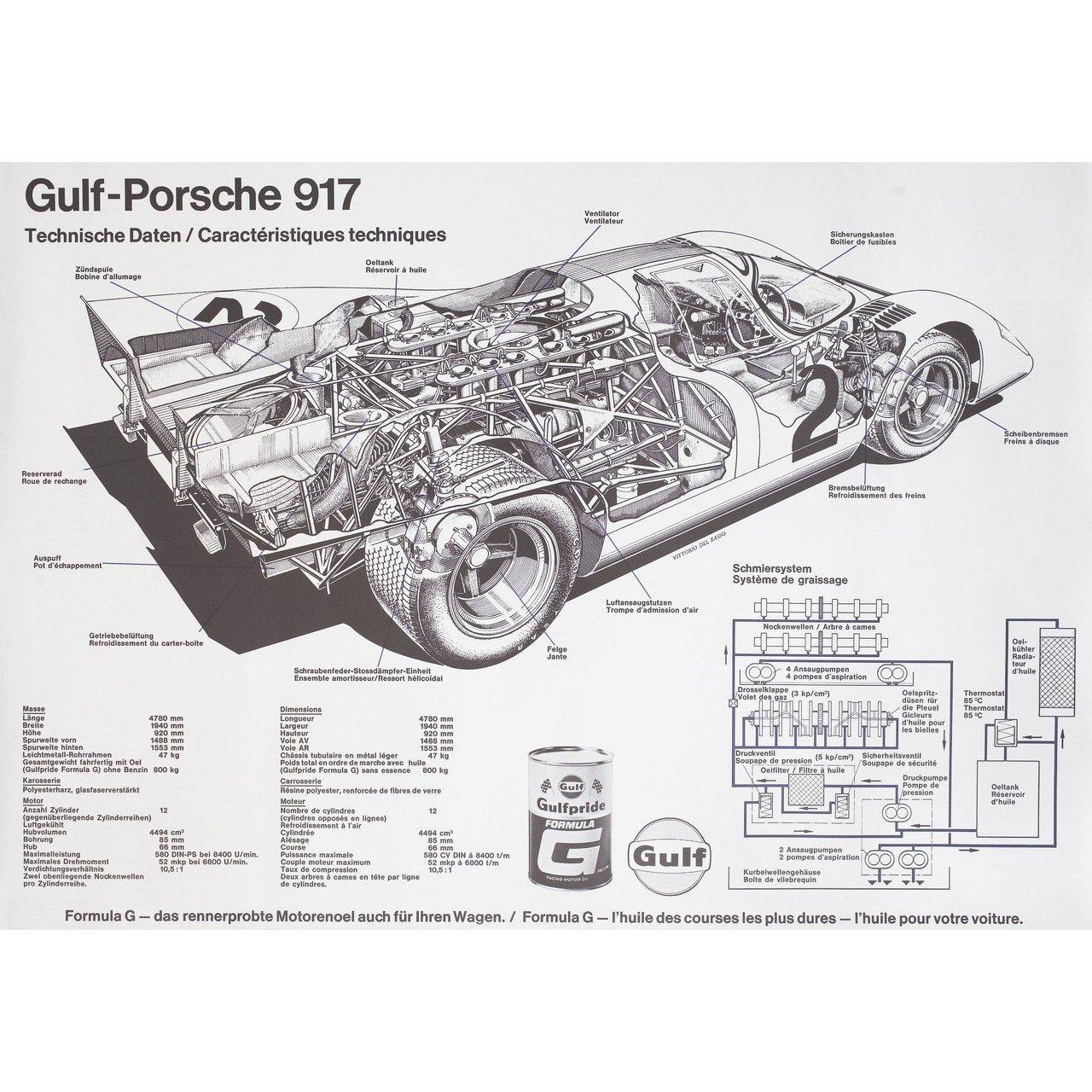 Original 1971 Swiss A1 poster for Gulf-Porsche 917, (1971). Fine condition, rolled. Please note: the size is stated in inches and the actual size can vary by an inch or more.
    