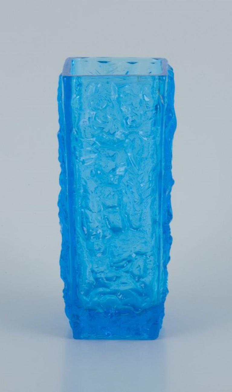 Swedish Gullaskruf, Sweden, square-shaped glass vase and candlestick in blue art glass.  For Sale