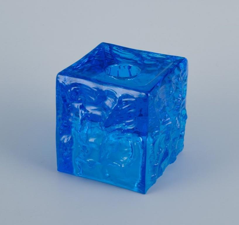 Gullaskruf, Sweden, square-shaped glass vase and candlestick in blue art glass.  In Excellent Condition For Sale In Copenhagen, DK