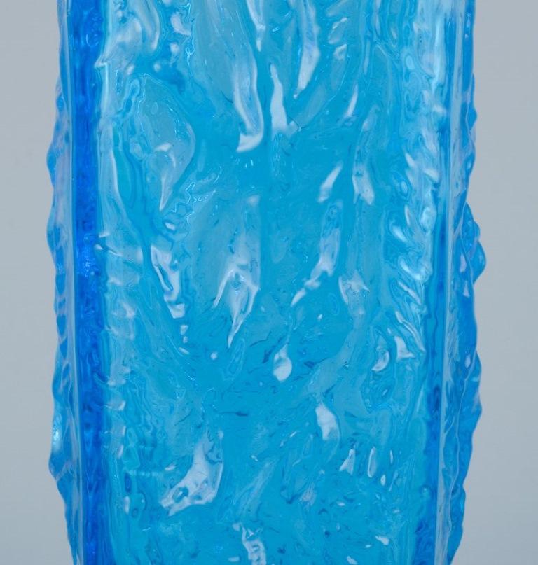 20th Century Gullaskruf, Sweden, square-shaped glass vase and candlestick in blue art glass.  For Sale