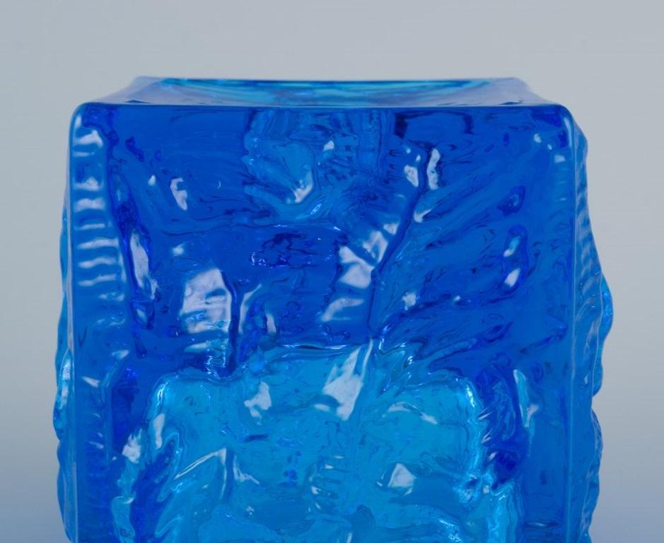 Art Glass Gullaskruf, Sweden, square-shaped glass vase and candlestick in blue art glass.  For Sale