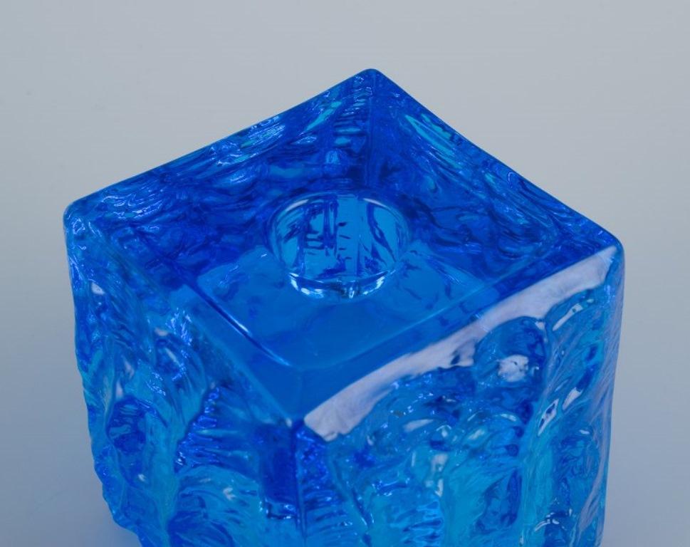 Gullaskruf, Sweden, square-shaped glass vase and candlestick in blue art glass.  For Sale 1
