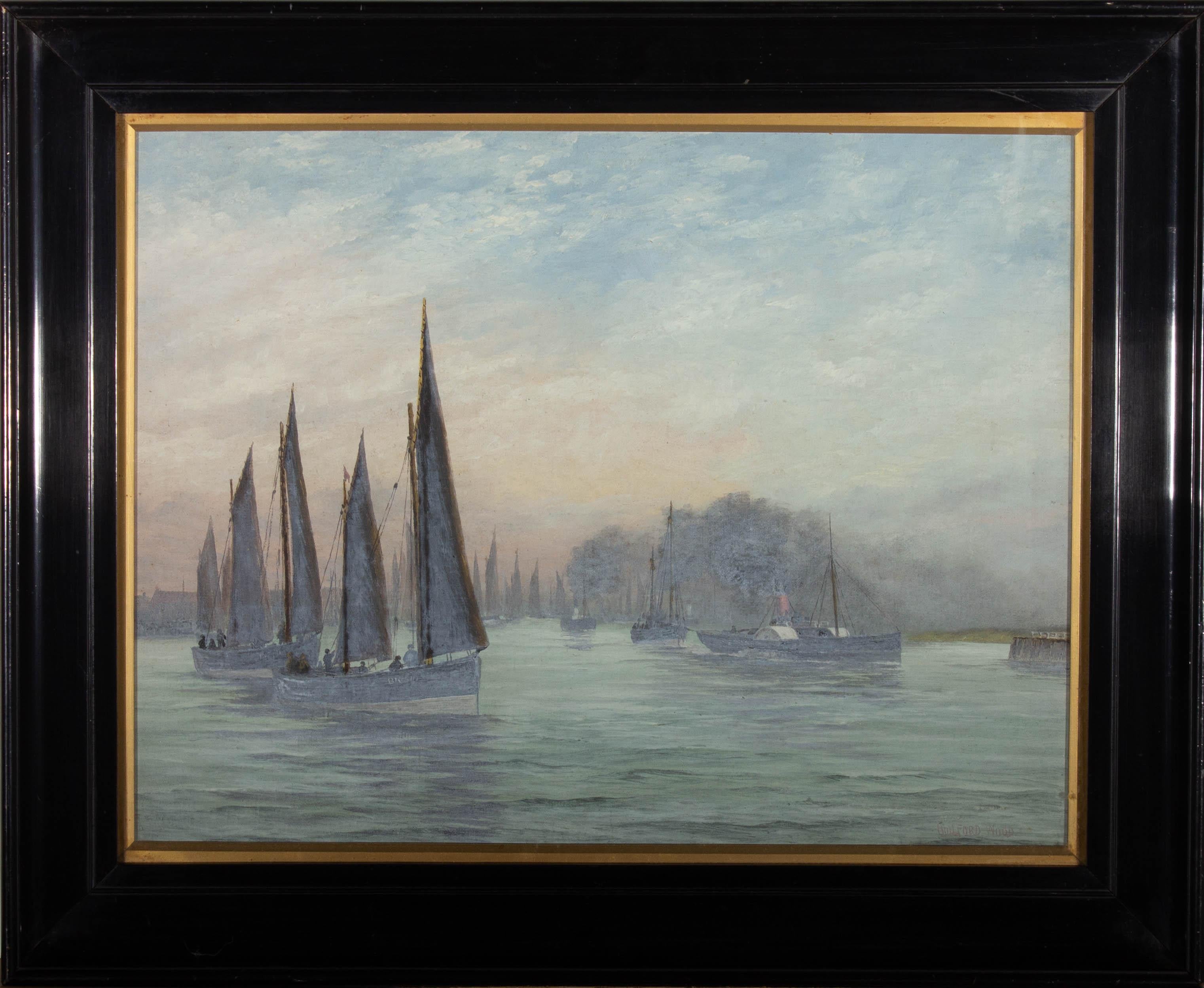 An atmospheric coastal scene depicting numerous sailing boats silhouetted against the clouds with a paddle steamer to the right of the composition. Presented in a black lacquer frame with a gilt-effect slip. Signed to the lower-right edge. On canvas