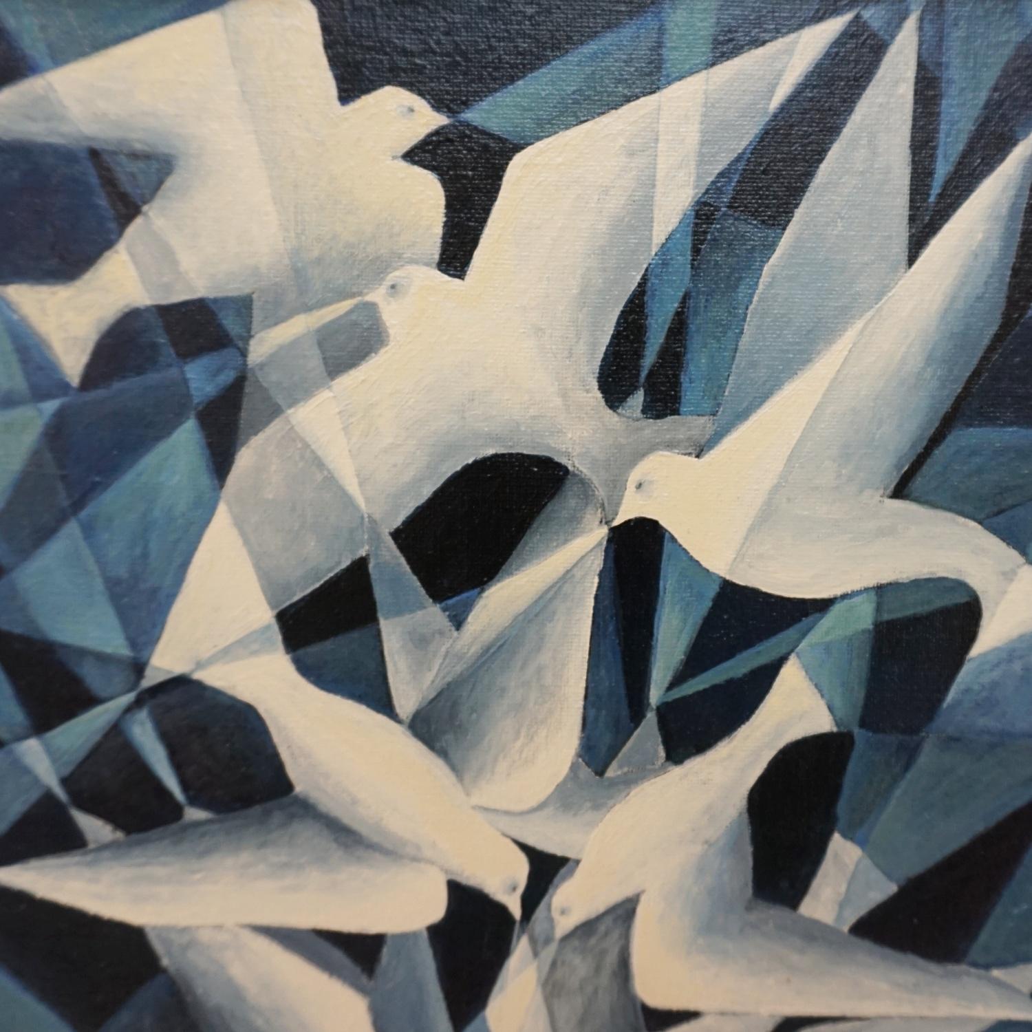 'Gulls Dipping for Fish' a Contemporary painting by Vera Jefferson depicting seagulls diving into a stylised ocean. Signed V Jefferson to lower right. 

 Vera Jefferson trained at Goldsmiths College, London and went on to teach Art to students