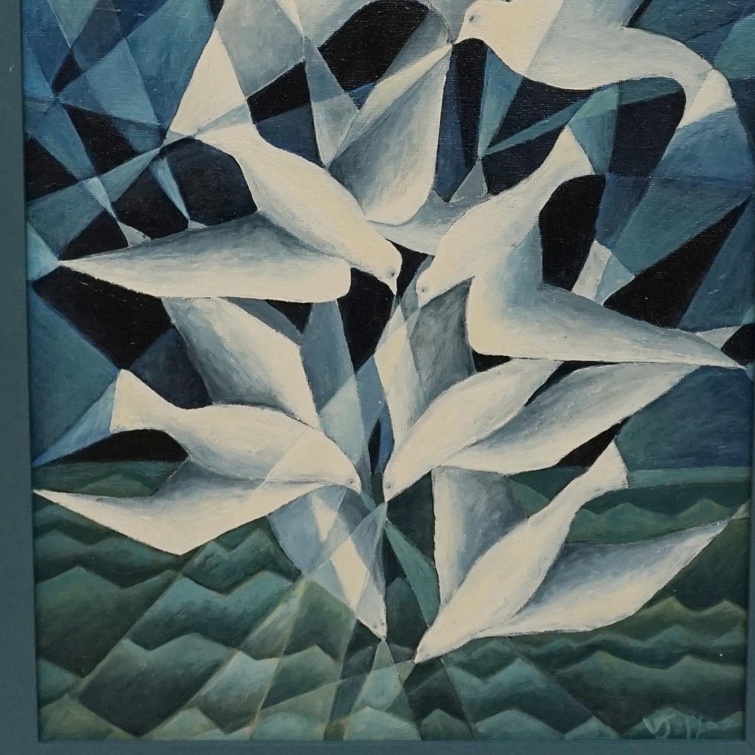 Art Deco Gulls Dipping for Fish Contemporary Oil on Canvas Painting by Vera Jefferson For Sale