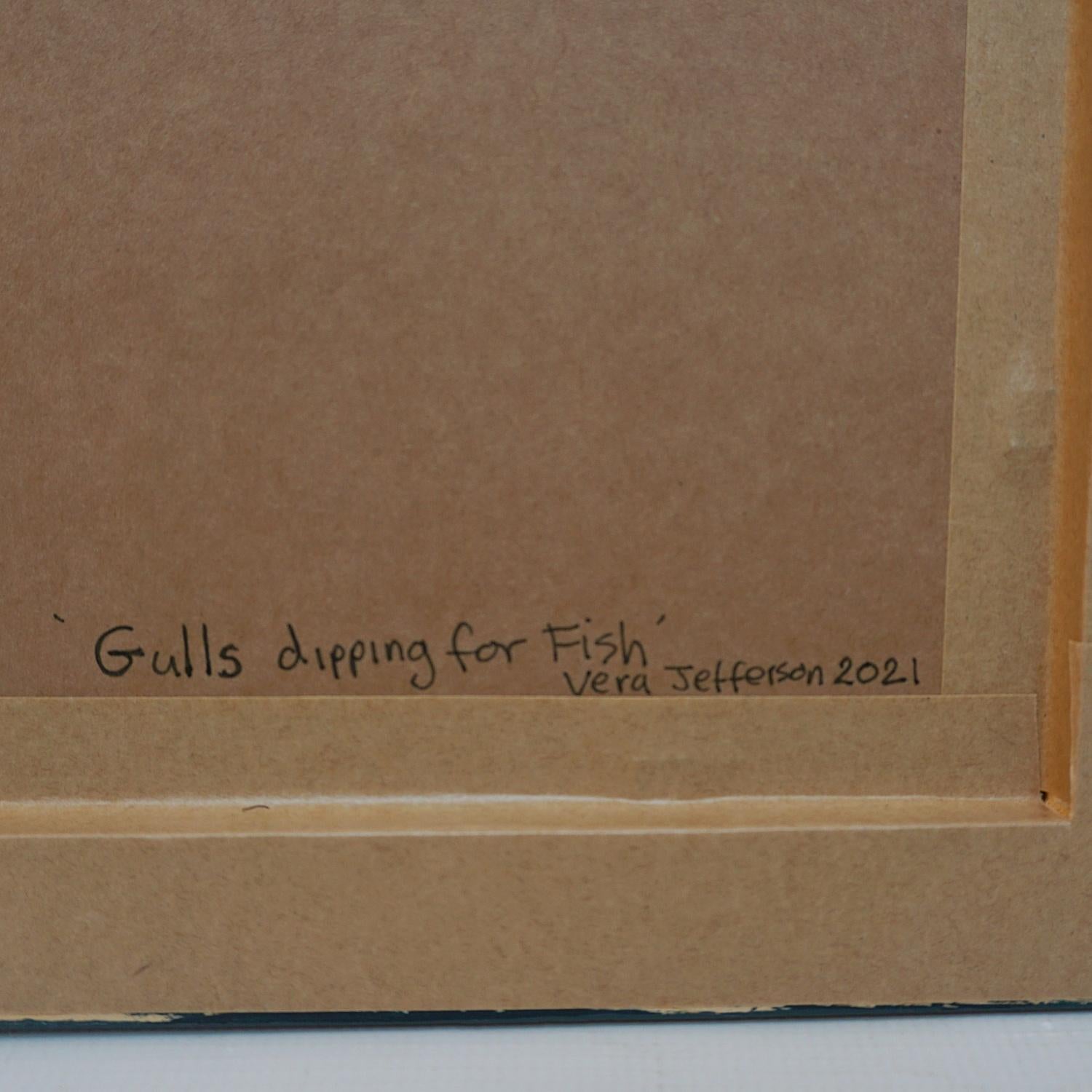 Gulls Dipping for Fish, zeitgenössisches Gemälde, Öl auf Leinwand, von Vera Jefferson im Zustand „Hervorragend“ im Angebot in Forest Row, East Sussex