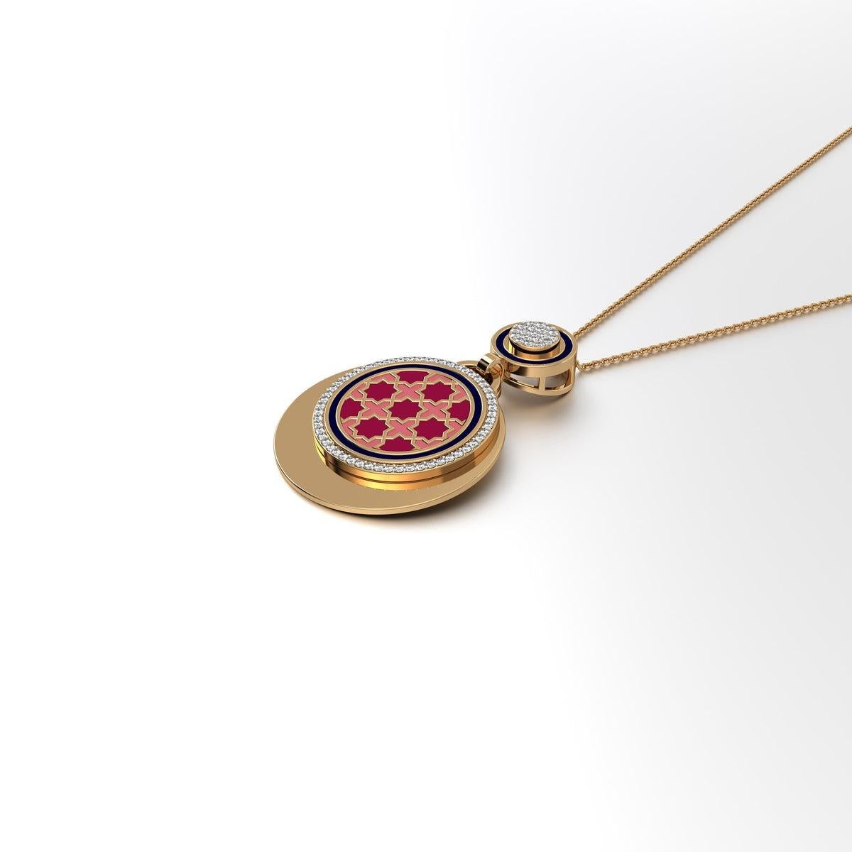 Ciondolo Gulsen Round Double Dangler Medium, della nostra pluripremiata collezione Miraas, meticolosamente realizzato in oro 18kt, con diamanti finemente assortiti e incastonato con motivo Morroccan Zilij a otto punte con dettagli in smalto blu di
