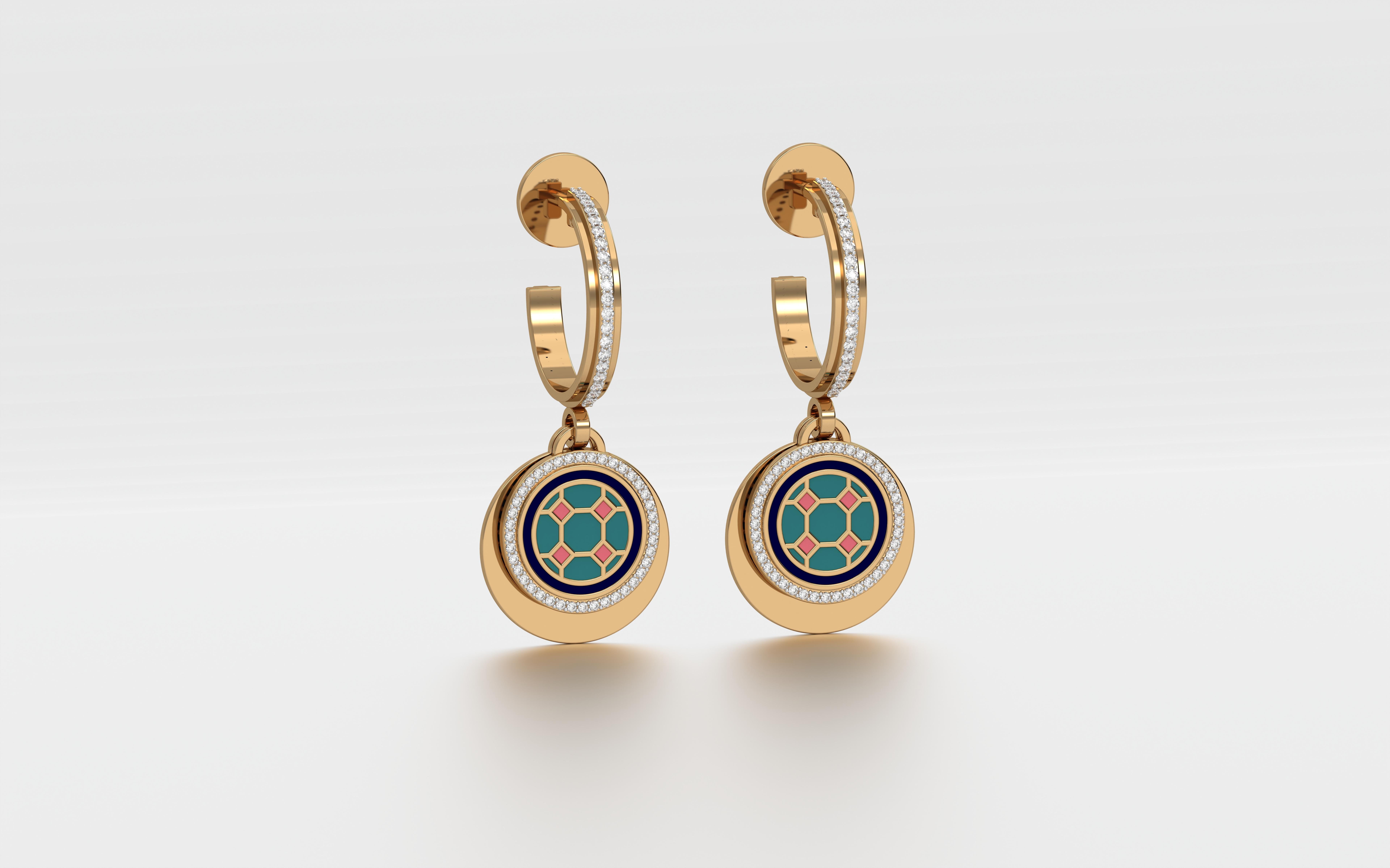 Gulsen Small Hoop Danglers Medium, from our award winning Miraas collection meticulously crafted in 18kt gold, with finely assorted diamonds, and set with Turkish octagonal honeycomb tessellation pattern in specially formulated Prussian Blue, Pastel