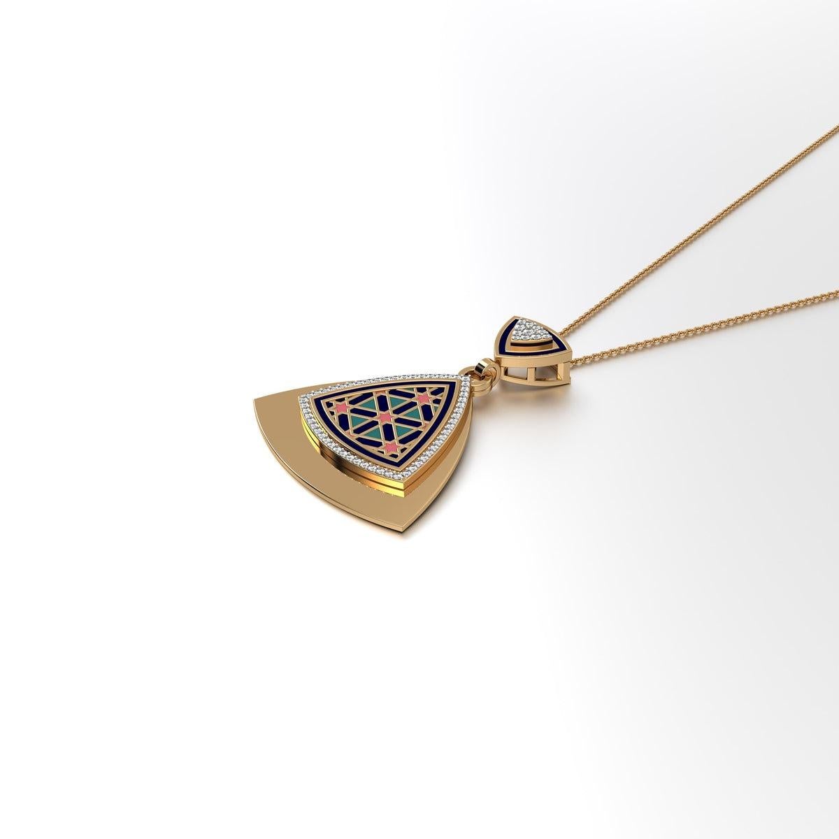 Ciondolo Gulsen Trillion Double Dangler Medium, della nostra premiata collezione Miraas, meticolosamente realizzato in oro 18kt, con diamanti finemente assortiti e incastonato con un motivo Persion girih a 6 punte con dettagli in smalto blu di