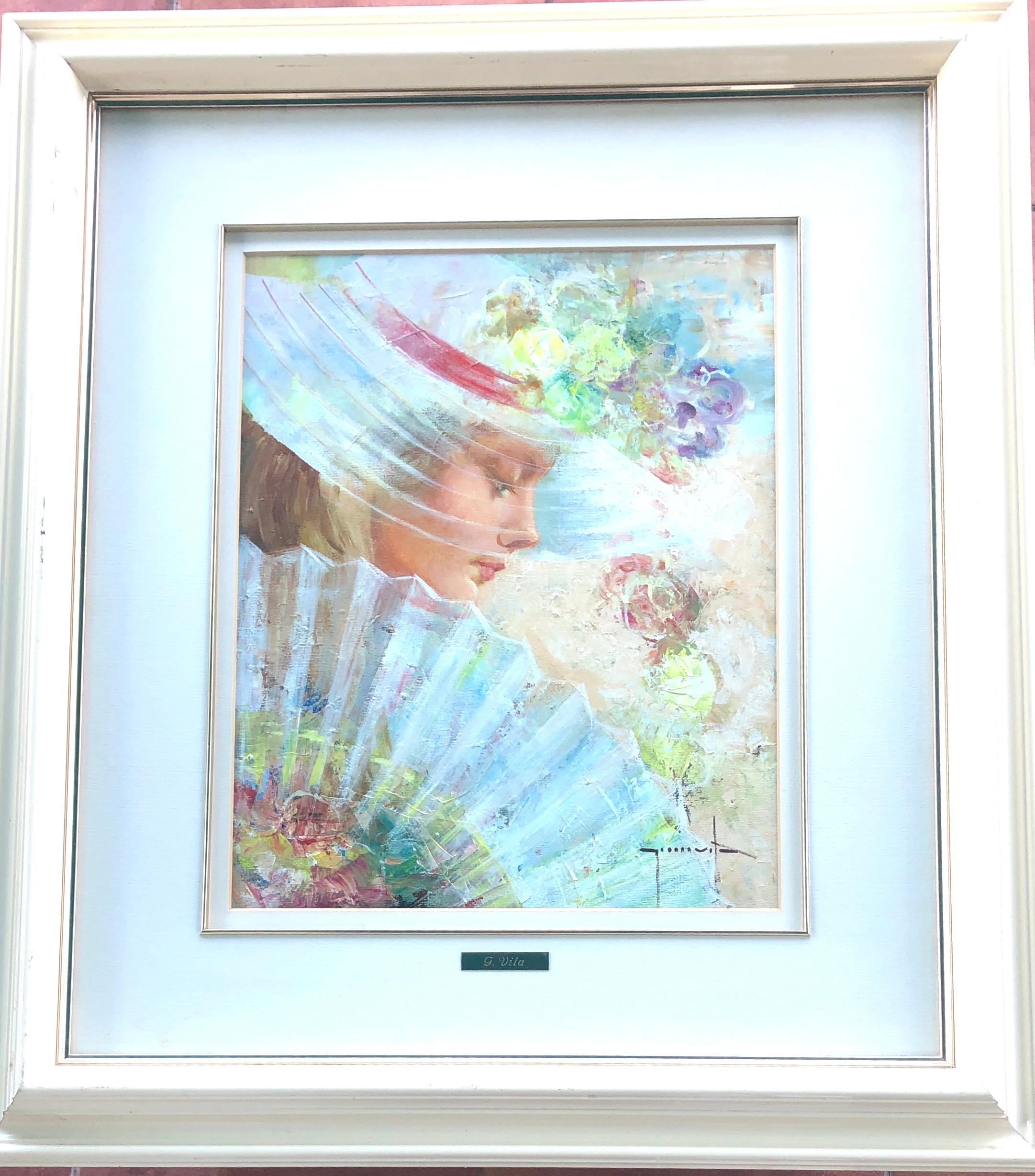 Donna di profilo con ventaglio pittura olio su tavola - Painting di Gumersindo Vila