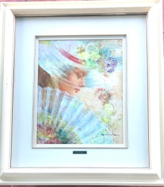 Mujer de perfil con abanico pintura al óleo sobre tabla