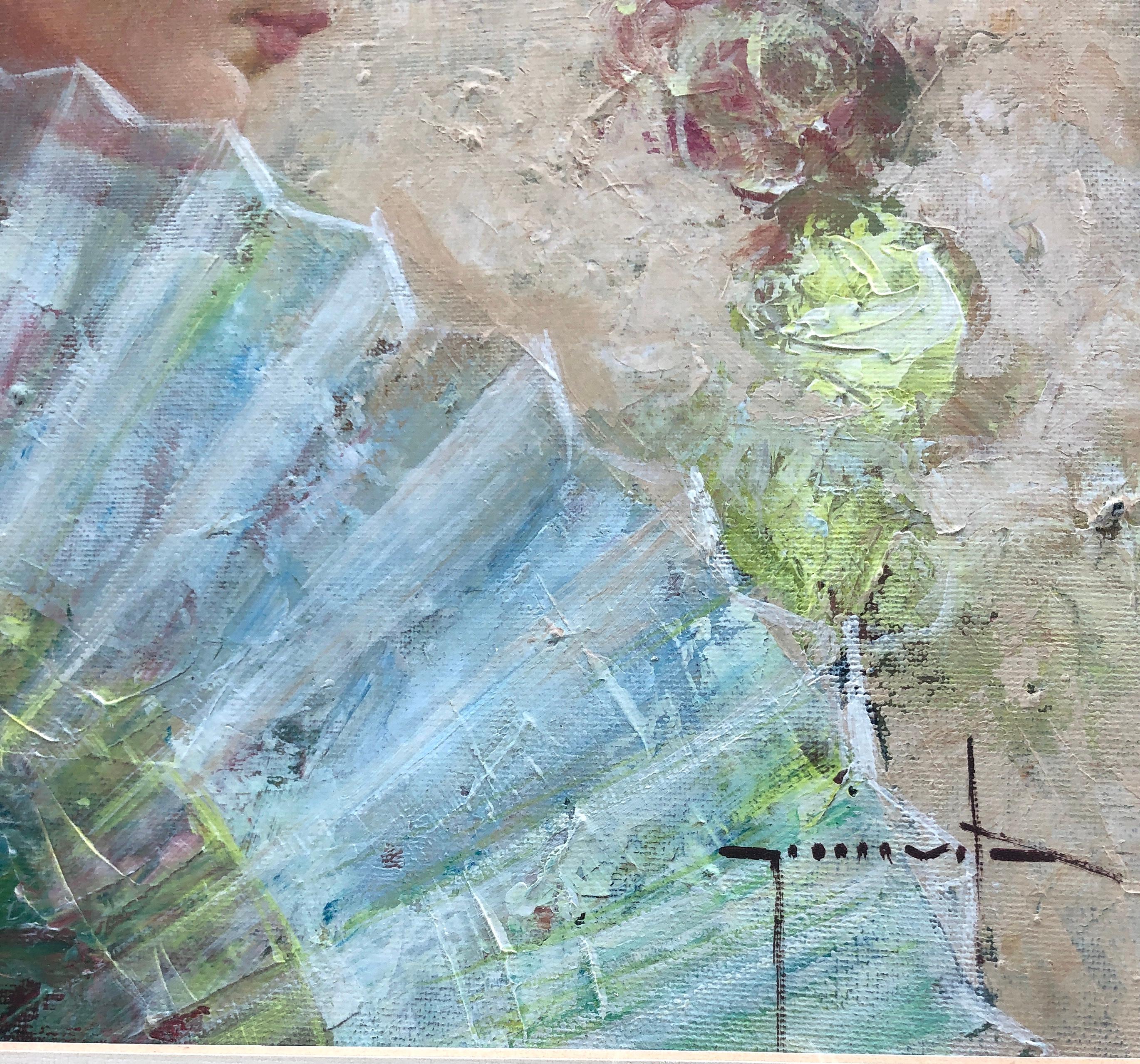 Donna di profilo con ventaglio pittura olio su tavola - Portrait Painting Blu di Gumersindo Vila