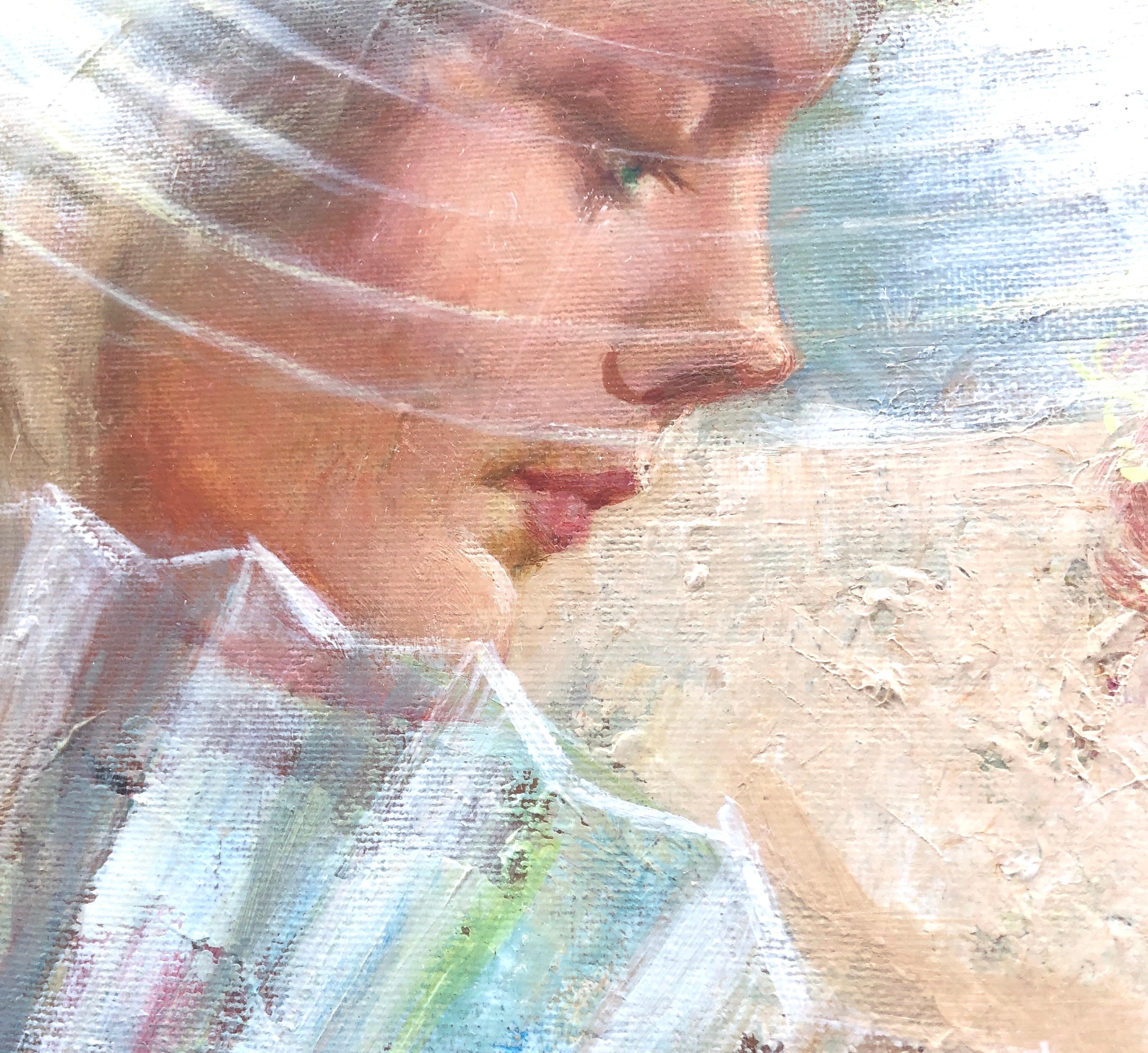 Donna di profilo con ventaglio pittura olio su tavola in vendita 1