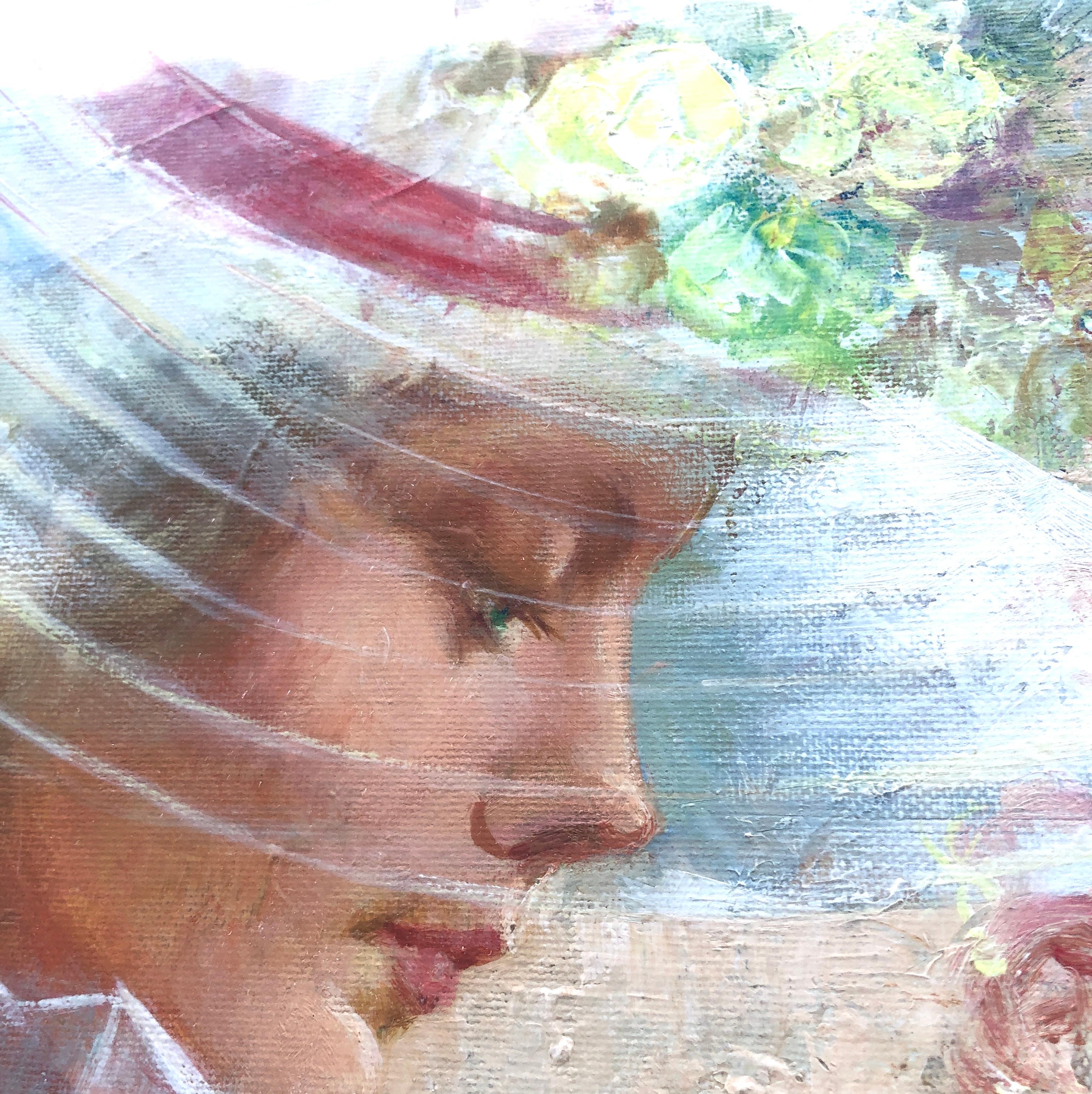 Donna di profilo con ventaglio pittura olio su tavola in vendita 2